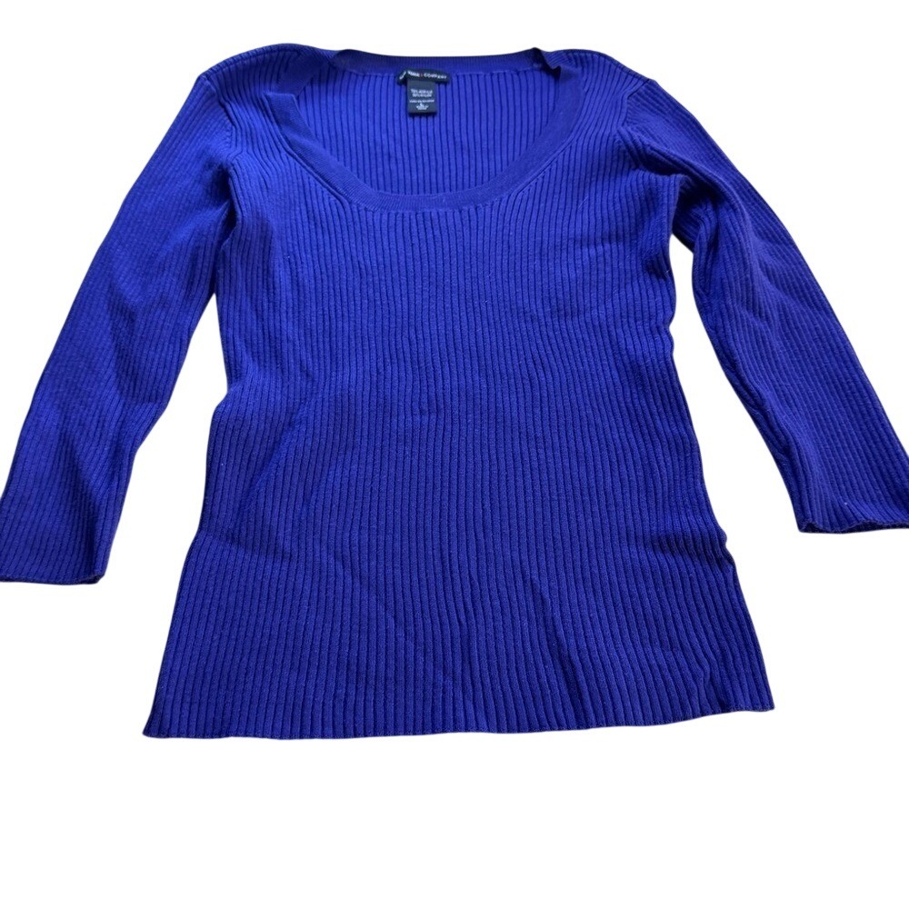 New York & Company Women's‎ L Blue Ribbed Knit Top 3/4 Sleeve stretchy